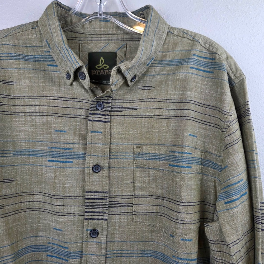 PrAna Mens Organic Cotton Long Sleeve Button Down Shirt Green Blue Stripe Medium